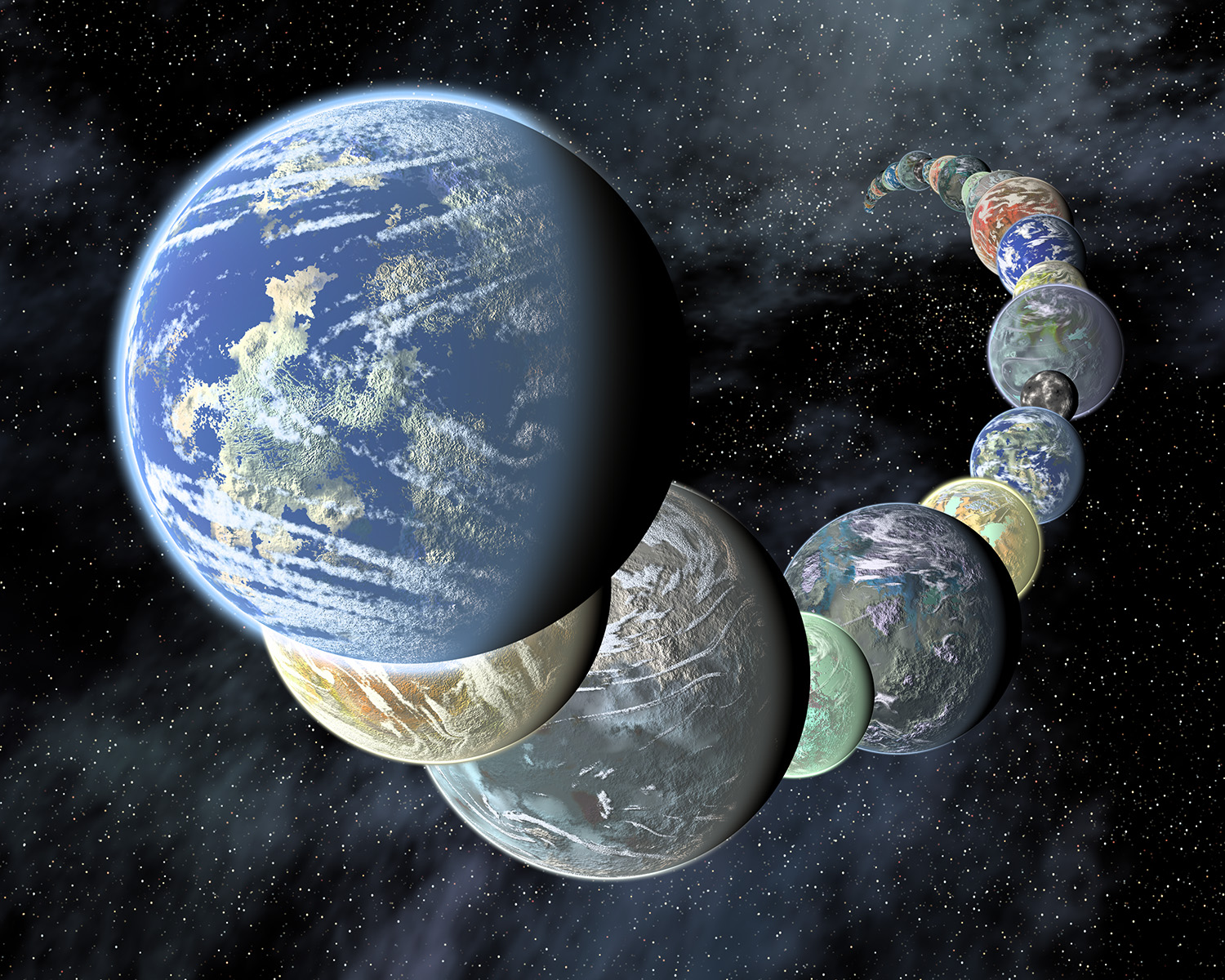 This artist's concept illustrates the idea that rocky, terrestrial worlds like the inner planets in our Solar System may be plentiful, and diverse, in the Universe.