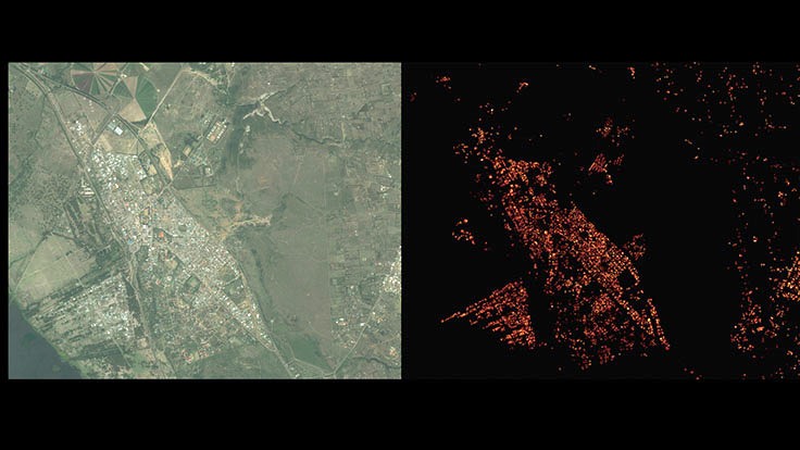 Image Source: Facebook- DigitalGlobe satellite image of Naivasha, Kenya (left) and results of our analysis of the same area (right).
