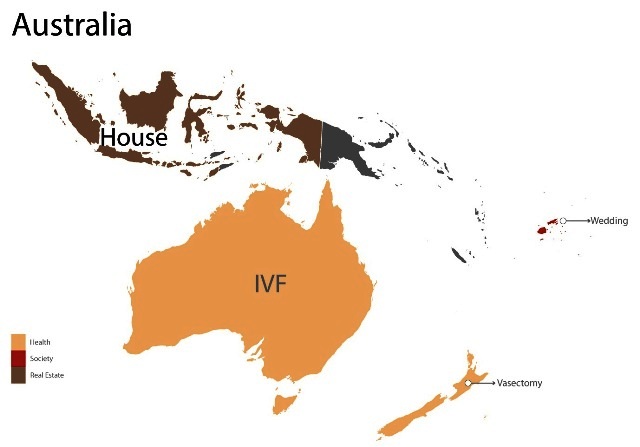 Image Source: Fixr - A map of the Australian island & continent and the nearby region showing the results of the most searched term(s) in the country.