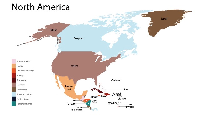 Image Source: Fixr - A map of the North American Continent showing the results of the most searched terms according the the respective countries.