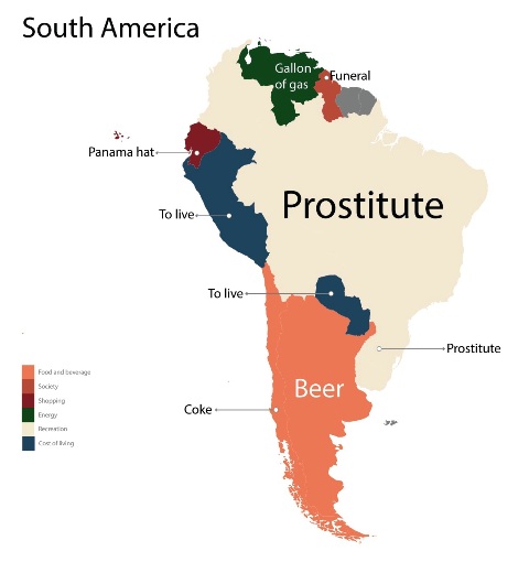 Image Source: Fixr - A map of the South American continent showing the results of the most searched term(s) in the country.