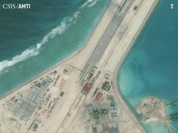 FILE PHOTO - The center portion of the Subi Reef runway is shown in this Center for Strategic and International Studies (CSIS) Asia Maritime Transparency Initiative January 8, 2016 satellite image released to Reuters on January 15, 2016. REUTERS/CSIS Asia Maritime Transparency Initiative/Digital Globe/Handout via Reuters/File Photo