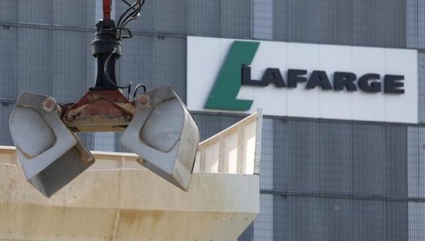 A logo is seen at a Lafarge concrete production plant in Pantin