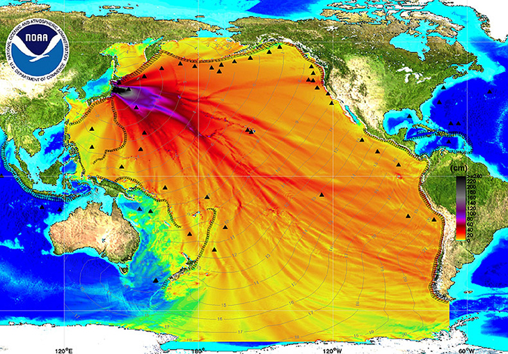 An energy map provided by the National Oceanic and Atmospheric Administration (NOAA) shows the intensity of the tsunami in the Pacific Ocean caused by the magnitude 8.9 earthquake which struck Japan on March 11, 2011. Thousands of people fled their homes along the Pacific coast of North and South America on Friday as a tsunami triggered by Japan's massive earthquake reached the region but appeared to spare it from major damage. REUTERS/NOAA/Center for Tsunami Research/Handout  (UNITED STATES - Tags: DISASTER ENVIRONMENT) FOR EDITORIAL USE ONLY. NOT FOR SALE FOR MARKETING OR ADVERTISING CAMPAIGNS. THIS IMAGE HAS BEEN SUPPLIED BY A THIRD PARTY. IT IS DISTRIBUTED, EXACTLY AS RECEIVED BY REUTERS, AS A SERVICE TO CLIENTS