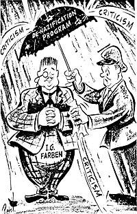 “We’re not allowed to let I.G. Farben stay out in the rain”, a magazine caricature (1947)